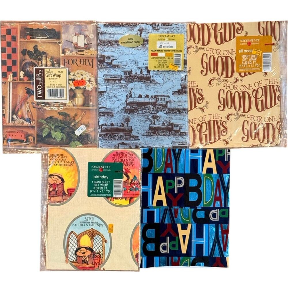 Vtg Forget Me Not American Greetings Gift Wrap Lot 6 Packs NOS Birthday Men Asst